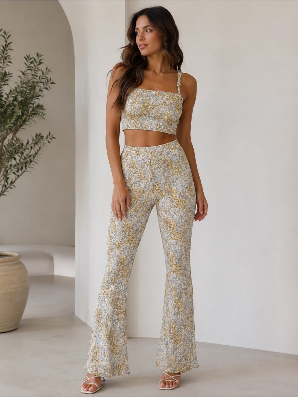 Paper Crane 2-Piece Matching Set - Smocked Crop Top & Jogger Pants, Size S